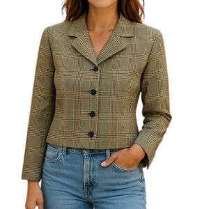 VINTAGE 90s Silk Wool Tan Mix Houndstooth Plaid Structured Boxy Crop Blazer 10P